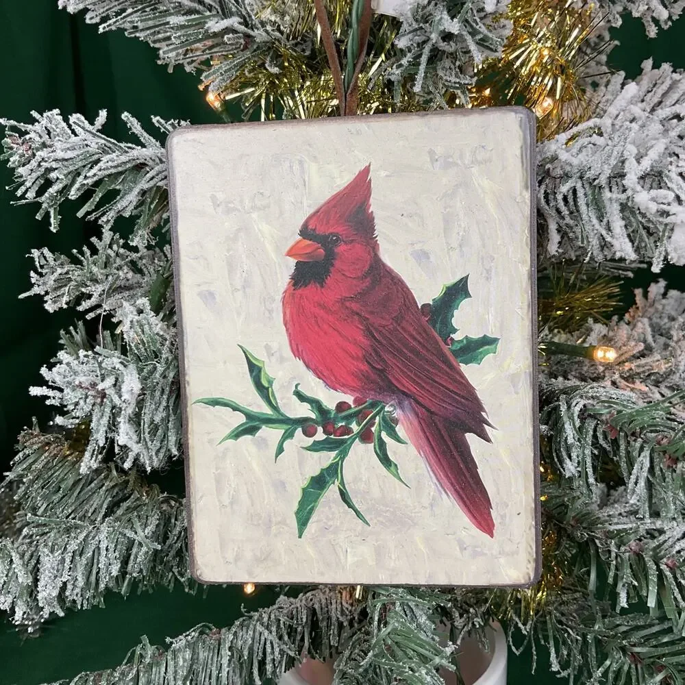 Red Cardinal on Holly Branch Wooden Block Christmas Ornament